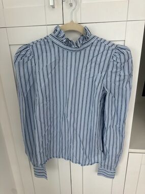 FRAME Striped Blue Ruffle Neck Puff Sleeve Top
